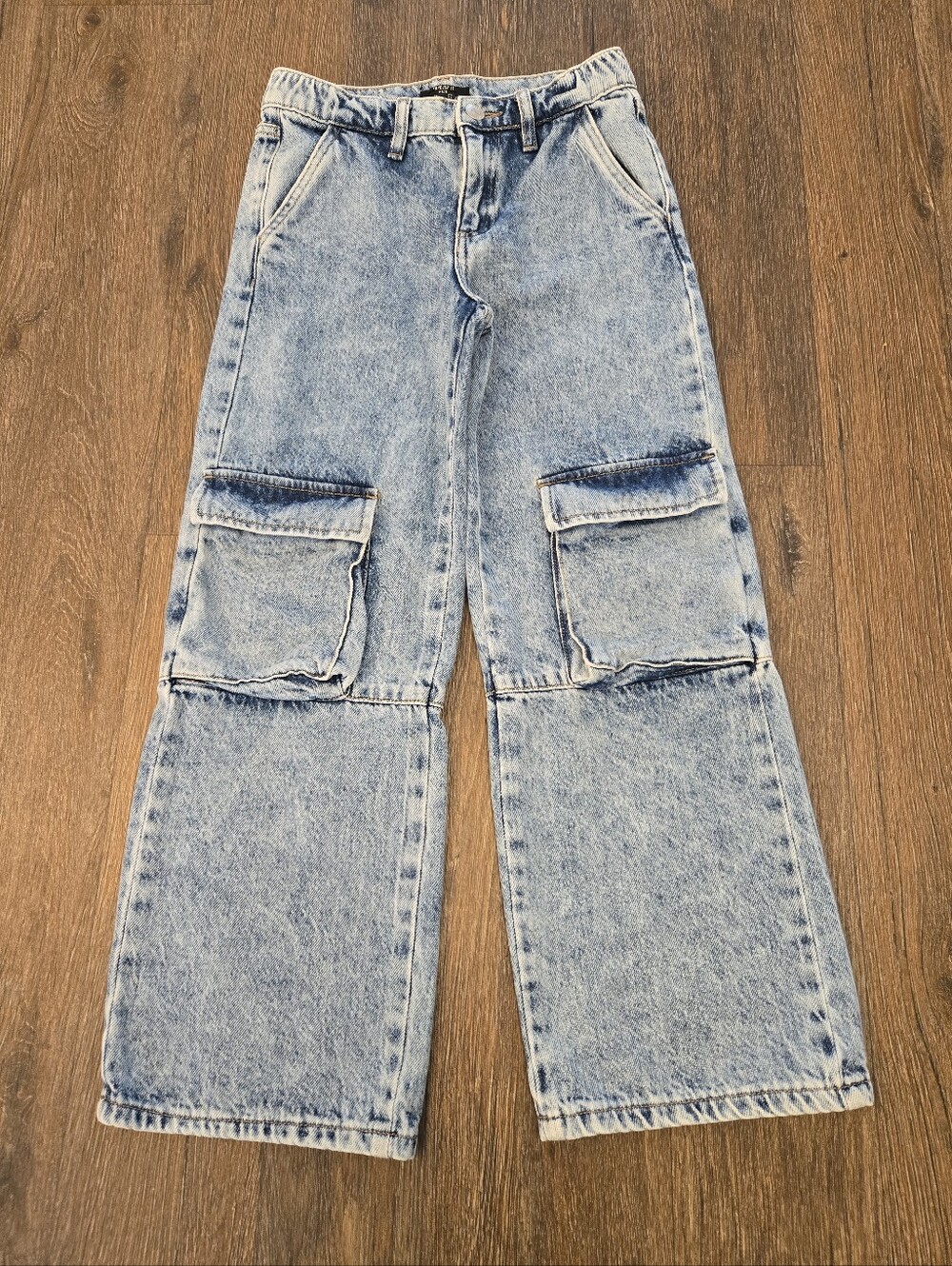 Girls Forever 21 Wide Leg Cargo Jeans Size 7 8 Blue Denim Pocket Pants Kids